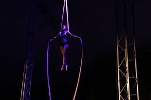 A female acrobat hanging from silk ropes at height in front of stage curtains.