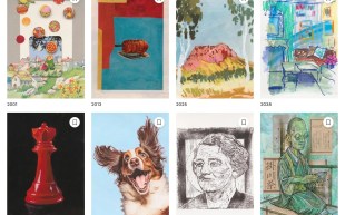 A sample of what’s available at the Incognito Art Show 2024. Image: Screenshot of Incognito Art Show website. Eight different A5 sized artworks lined up on a webpage, including a painting of a happy dog, a portrait, a landscape of Uluṟu, a red chess piece, and a collage.