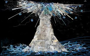 Si Yi Shen, 'Free Water'⁠ 2024, still from single-channel digital video⁠. Image: Supplied. As part of WORLDING at Platform Arts. A collaged image that resembles cutouts forming a tornado.