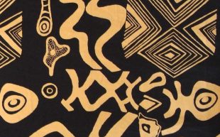 Euphemia Bostock. ‘Possum Skin’, 1987 (detail). Pigment screen print on cotton. Image: Supplied. A sandy yellow on black background pattern featuring lines and circles.