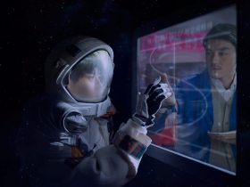 Video still Cao Fei. Woman in astronaut suit looking into a window with her likeness inside.