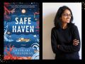 Safe Haven. On the right is an author headshot, waist up of a woman of Indian appearance, all in black with arms folded, smiling and looking off the right. On the left is a book jacket in blue, with an illustration of a boat on the sea at night on the front.