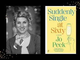 Suddenly Single at Sixty. Image on left is black and white head and shoulders shot of a 60-something Caucasian blonde woman with short wavy hair. She is smiling. On the right is a yellow book cover with an illustration of a hand holding a glass of sparkling wine.