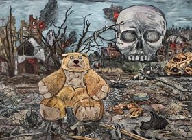 Ukraine Guernica. Image is a painting of a wartorn destruction with a large teddy bear sitting in the middle and a skull floating in the right hand top corner.
