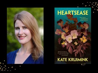 Heartsease. On the left is a head and shoulders author shot of a young Caucasian woman with long strawberry blonde hair and a blue top. She is standing in front of foliage. On the right is a bookcover featuring a group of brown flowers