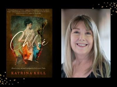 Chloe. On the left is a book cover of a young woman painted in the nude, with the bottom of the painting in flames. On the right is an author headshot of a middle aged Caucasian woman with straight long fair hair and a fringe. She is smiling.