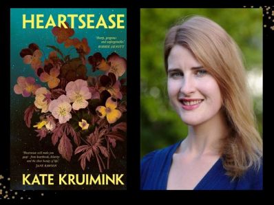 Heartsease. On the right is a head and shoulders author shot of a young Caucasian woman with long strawberry blonde hair and a blue top. She is standing in front of foliage. On the left is a bookcover featuring a group of brown flowers.