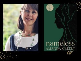 Nameless. On the left is a head and shoulders author shot of a middle aged Caucasian woman with a white top under a pinafore type dress. She has shoulder length greying hair cut in a bob with a fringe. On the right is a book cover with a black linocut image of a side on woman against a green backdrop.