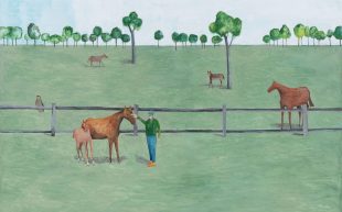 Noel McKenna, ‘William Nuttall with horses in field’, 2023 (detail). Image: Supplied. Painting with soft blues and greens depicting a serene landscape of a couple of horses with one human figure petting the head of a horse.