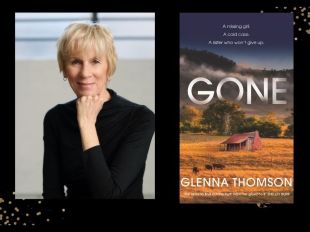 Gone. On the left an author shot from the waist up of a middle aged Caucasian woman with short blonde hair and a black top, with gold hoop earrings. She is resting her chin on her left fist. On the right is a book cover depicting an isolated shack in the Australian outback, with a few trees, a few cows and some hills behind in the clouds.