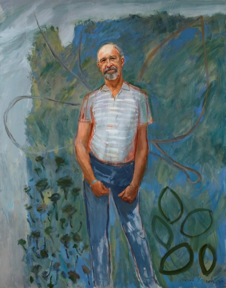 Painting of a bald man in jeans and with a bead against background of rainforest. Guy Warren.