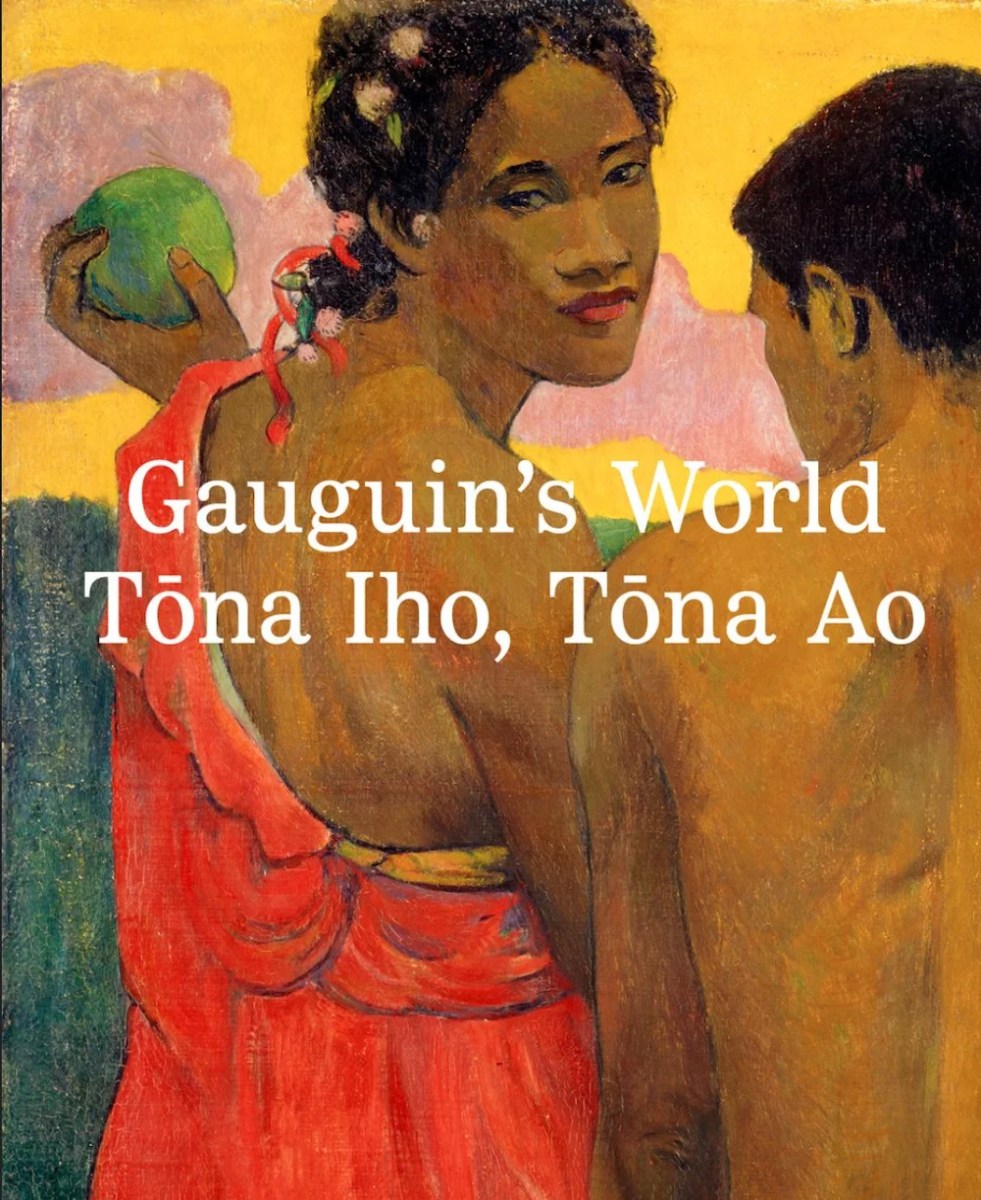 Book cover Gauguin with island woman looking over shoulder and wearing red dress.