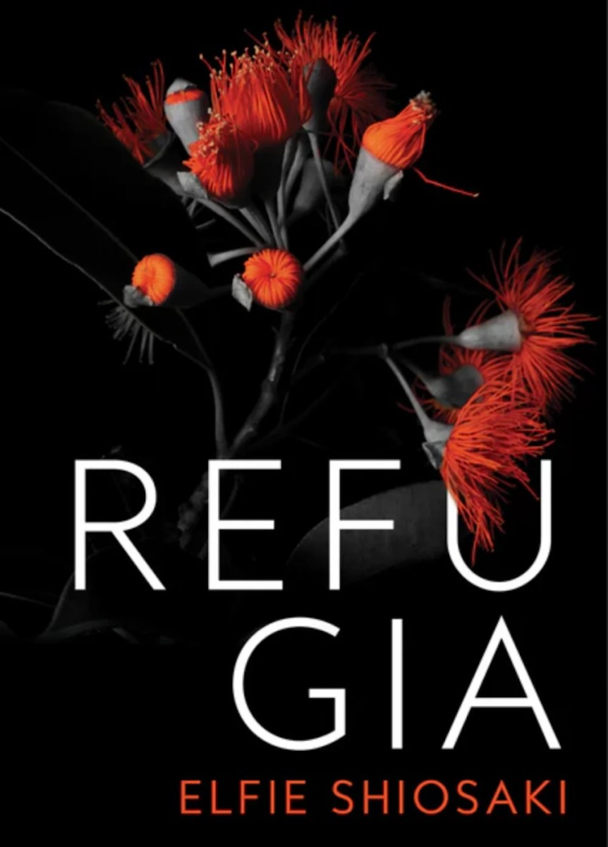 Book cover with red flowers and large test spelling Refugia,