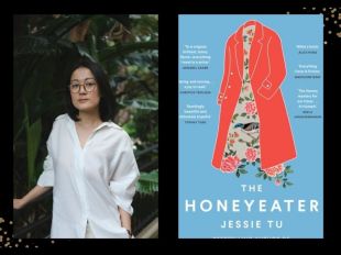 An Asian woman wearing glasses and a white shirt is standing in front of shrubbery. The Honeyeater.