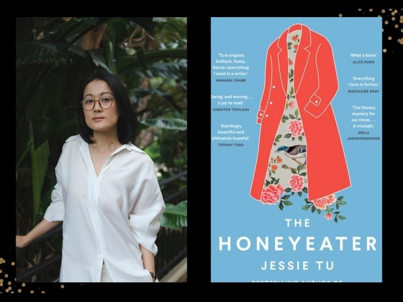 An Asian woman wearing glasses and a white shirt is standing in front of shrubbery. The Honeyeater.