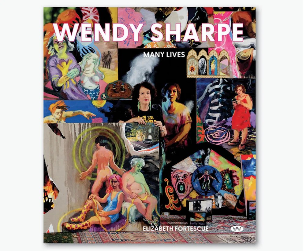 Book cover of woman surrounded with bright colourful paintings. Wendy Sharpe.