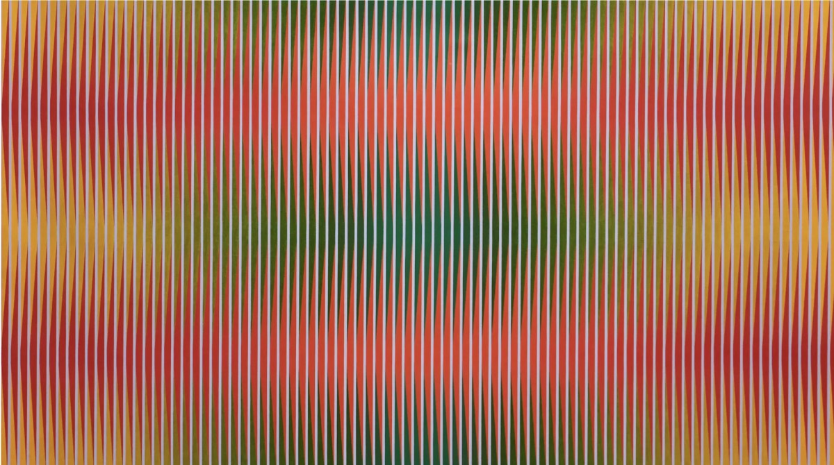 Abstract optical geomentric painting in oranges and yellows. Lesley Dumbrell.