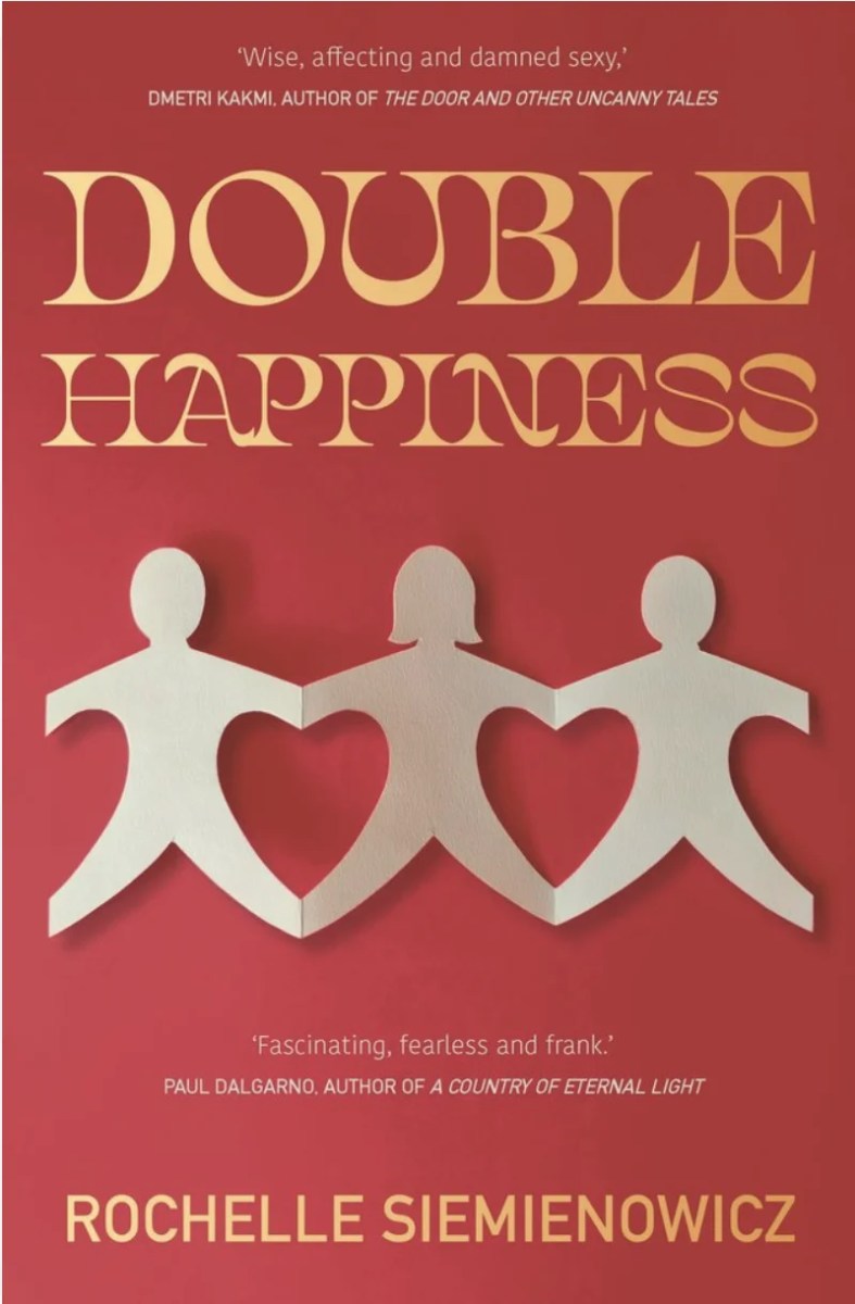 Red book cover with graphic image of paper cut out figures.