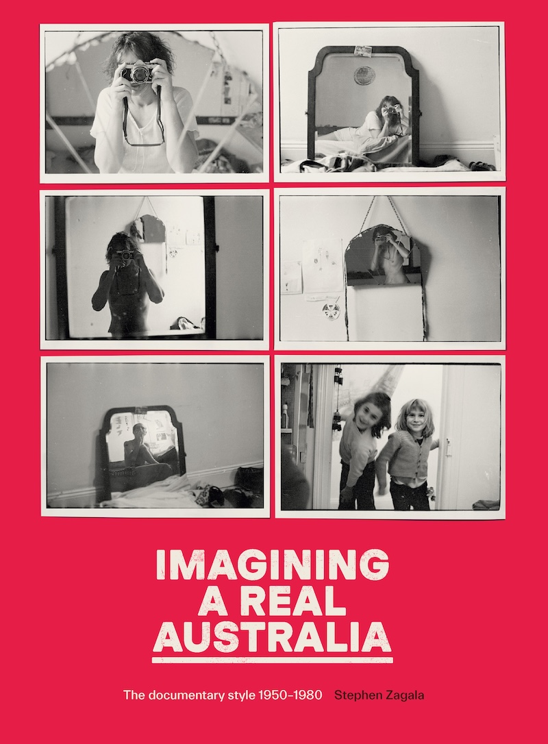 Red art book cover with black and white photographs