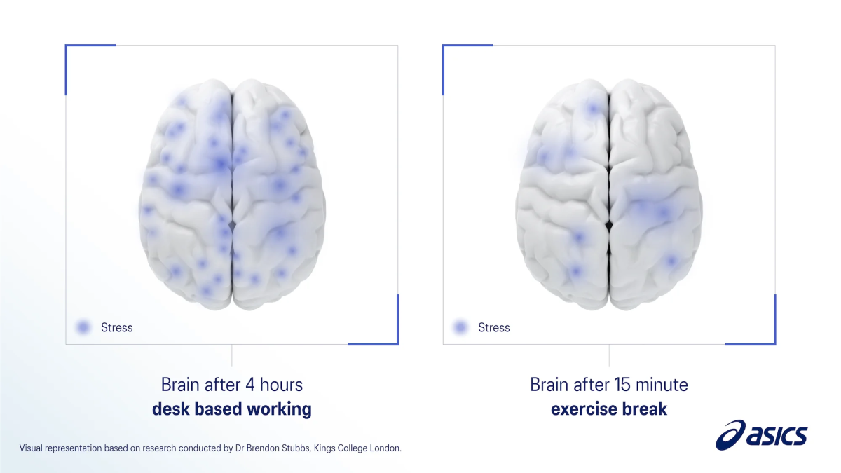 Graph of two brains demonstrating stress levels with and without exercise. Mental health