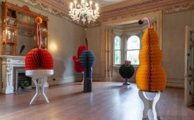 The inaugural Melbourne Sculpture Biennale at Villa Alba Museum. Pictured are works by Louise Paramor, installation view, large paper sculptures with saturated colour inside a Victorian mansion.