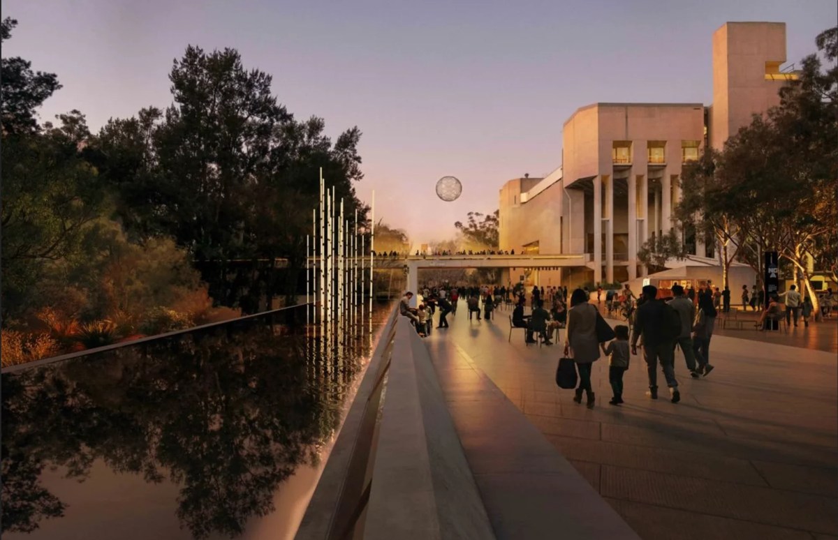 Exterior view of building with people - architects design for Sculpture Garden entry