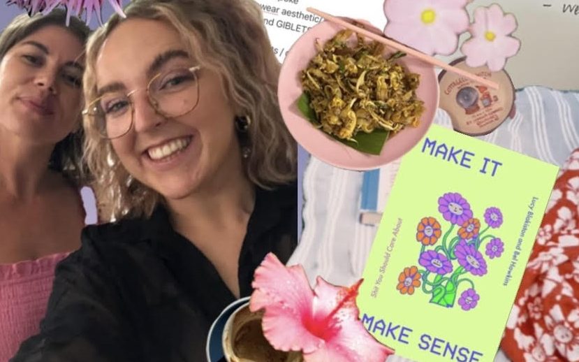 A collage featuring authors Lucy Blakiston and Bel Hawkins that includes their book, 'Make it Make Sense' as sell as scraps of notebooks, a bowl of pasta and some flowers..