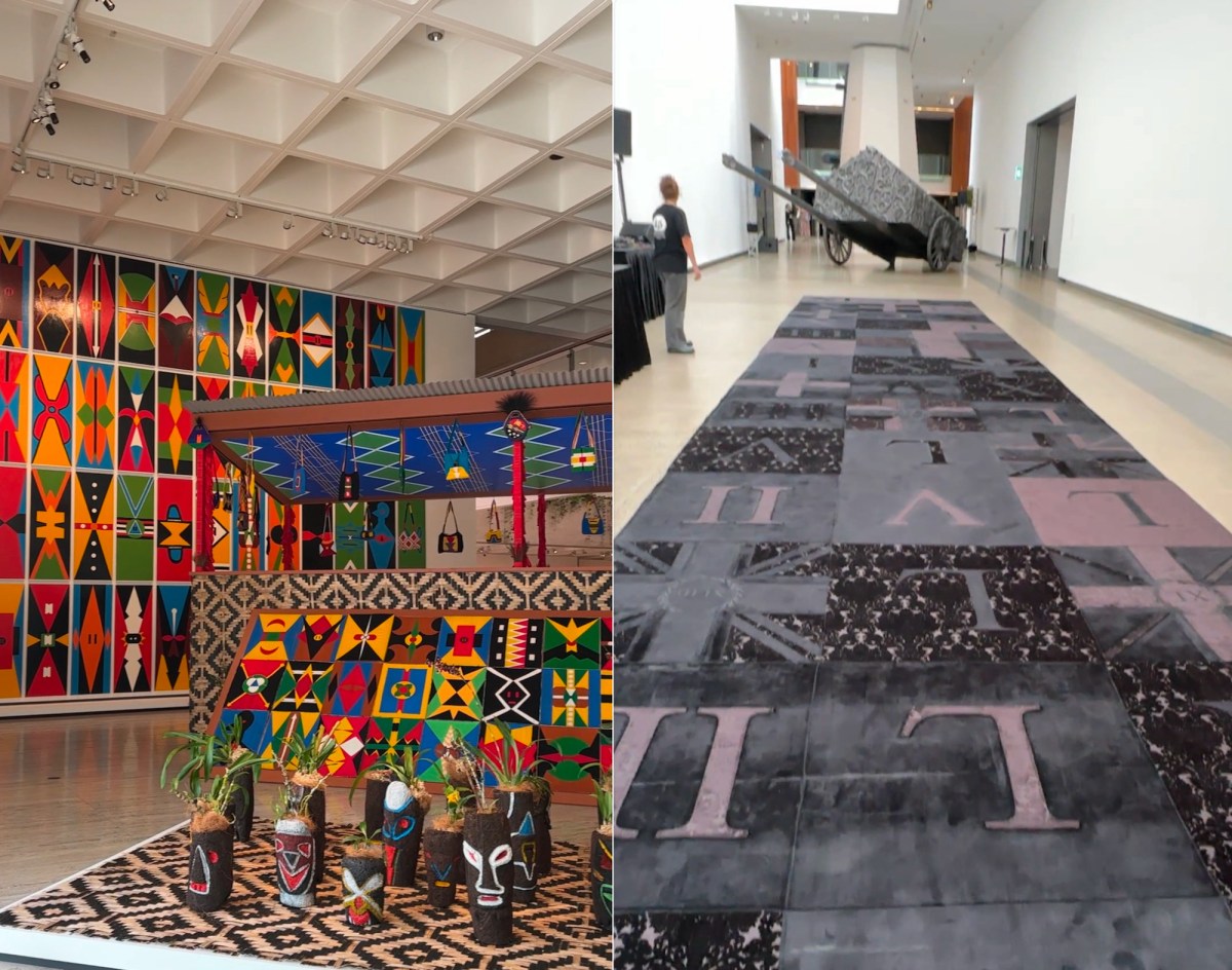 Two views of gallery exhibition, one brightly coloured paintings, the other black and white carpet and sculpture. APT11