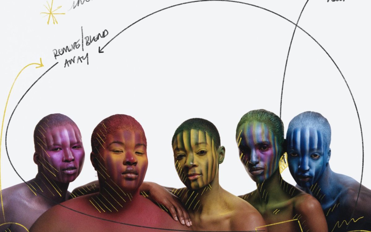 Campbell Addy, 'The First Rainbow', 2023. Solo exhibition slated for Ballarat International Foto Biennale 2025. A cropped photo depicting five black female-presenting figures from the collarbone upwards painting in five different colours.