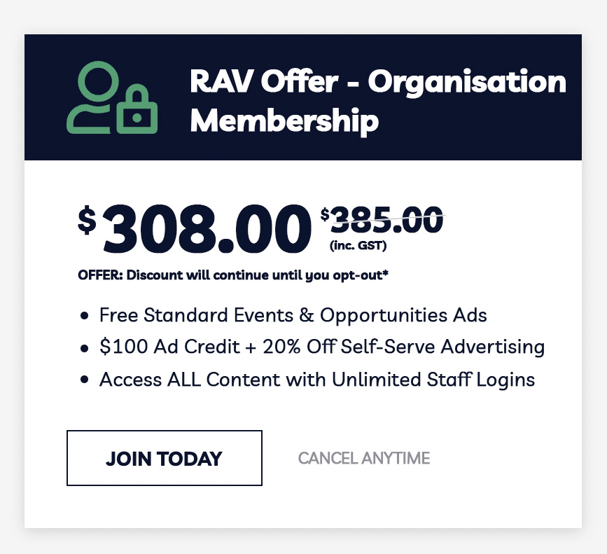 Recurring offer on ArtsHub Organisation Membership. $308 per year with the discount recurring each year. Advertising discounts and more