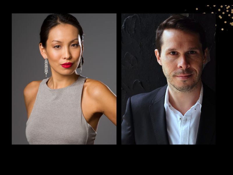 Two panels. On the left is an Asian woman, Cathy Di Zhang with her hair slick back, wearing earrings and a grey tank top. On the right is David Greco, a man with dark short hair and wearing a white shirt and black jacket.