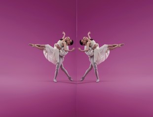 ballet companies: a male-female ballet pas de deux posing in a white tutu costume against a bright pink backdrop. Their pose is mirror imaged on each half of the photo.