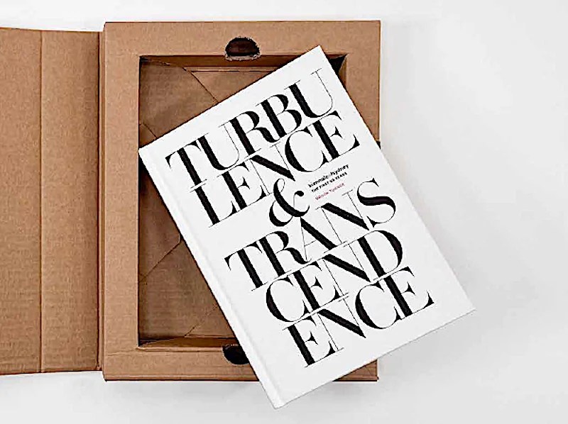 White book with bold black text photographed with cardboard case. art books