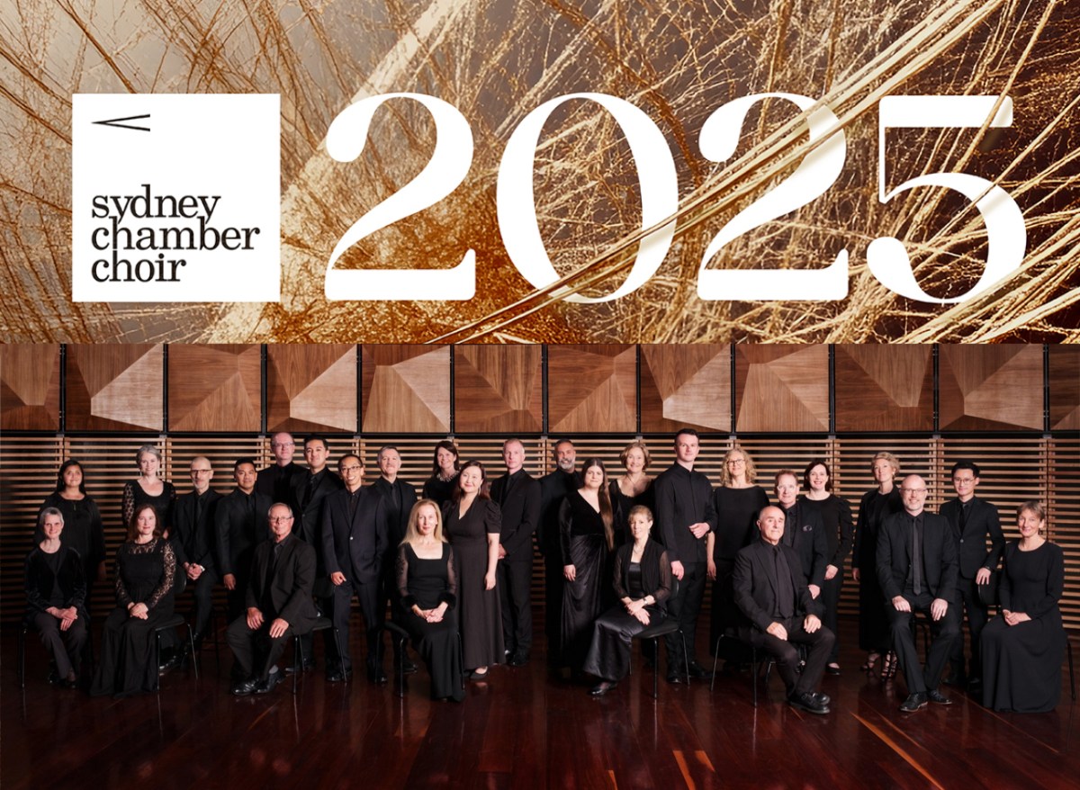 photograph of choir all dressed in black with text saying 2025. Sydney Chamber Choir.