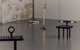 Melbourne Design Week 2025 lighting designs, featuring a photo of four design objects with lighting tubes that appear like furniture.