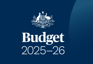 The Federal Budget 2025-26 offers little in the way of arts sector-specific support. The image is provided by the Federal Government Budget website, and depicts the Australian cost of arms, beneath which are written the words 'Budget 2025-26' in white lettering against a dark blue background.