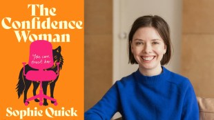 Two panels: On the left: An orange book cover the reads The Confidence Woman by Sophie Quick; the cover features a fox hiding behind a desk chair. To the right is a picture of the author a woman with dark hair wearing a blue jumper.