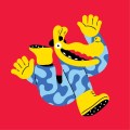 Melbourne International Comedy Festival logo 2025. A bright and colourful stylised image of a jocular human-animal hybrid in yellow and blue against a bright red background.