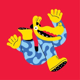 Melbourne International Comedy Festival logo 2025. A bright and colourful stylised image of a jocular human-animal hybrid in yellow and blue against a bright red background.