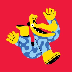 Melbourne International Comedy Festival logo 2025. A bright and colourful stylised image of a jocular human-animal hybrid in yellow and blue against a bright red background.
