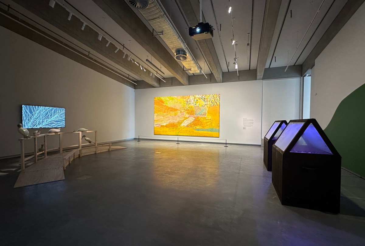 view of exhibition with dim lighting and yellow painting and objects in museum case. Bundanon