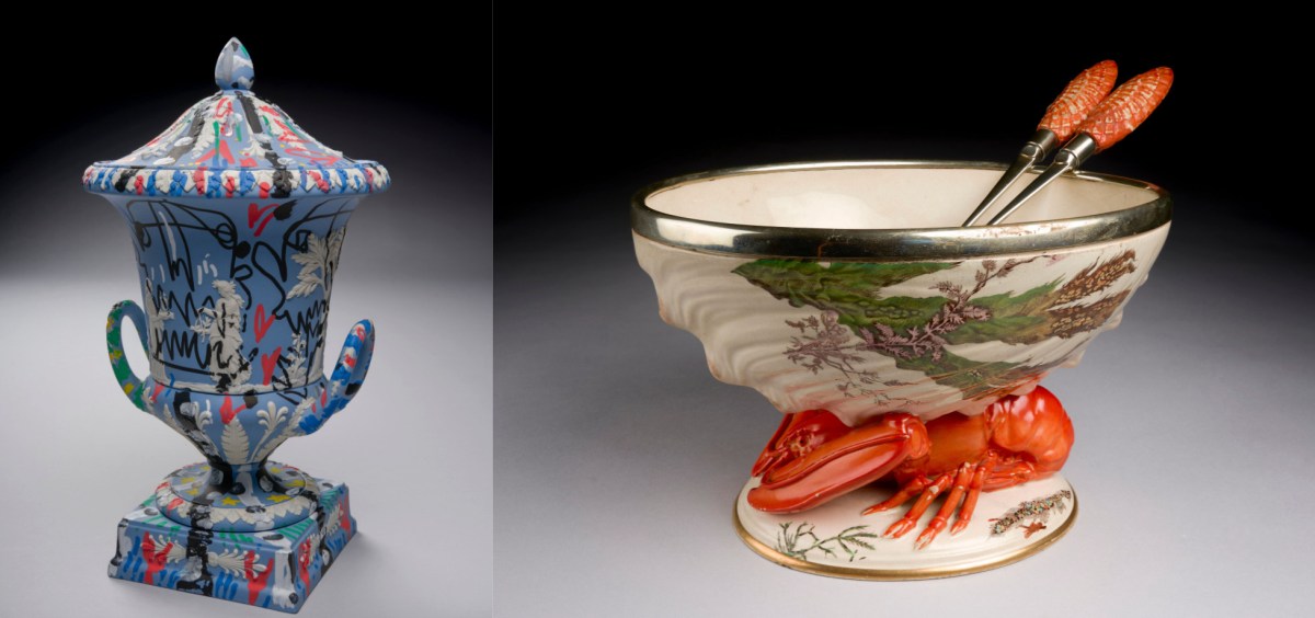 Two views of ceramic vessels with elaborate designs. Wedgwood