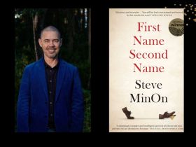 Two panels. On the left is Steve MinOn. He is wearing a blue suit and is closely shorn. On the right is the cover of his book 'First Name Second Name." It has a beige cover and has a pair of brown shoes at the bottom.