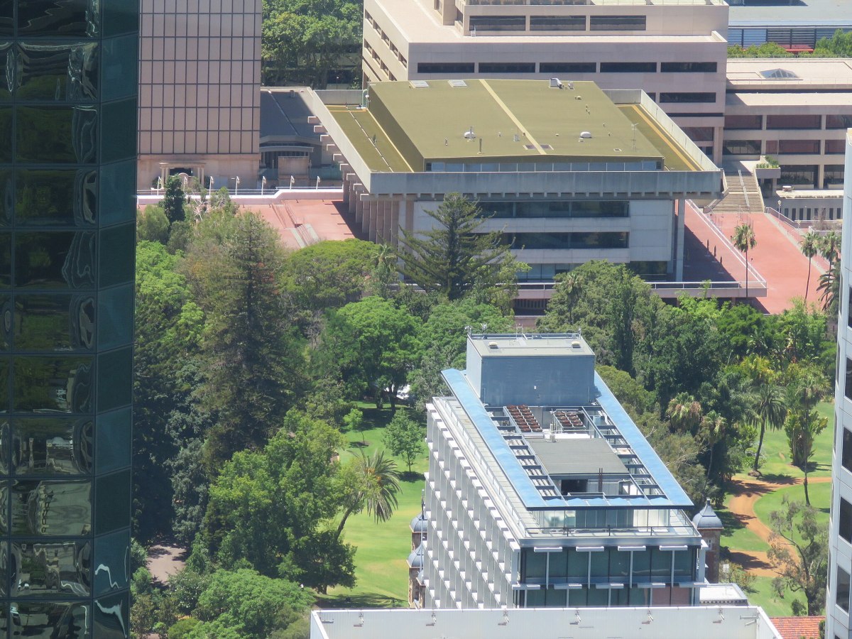 Aerial view of buildings in CBD next to park.