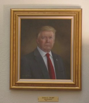 Donald Trump says this portrait of him by artist Sarah Broadman is "distorted". Image: supplied by @realdonaldtrump via TruthSocial.