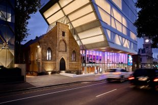 External view of Geelong Arts Centre’s Church Redevelopment Project at night.