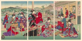 A triptych displaying Japanese women in kimono.