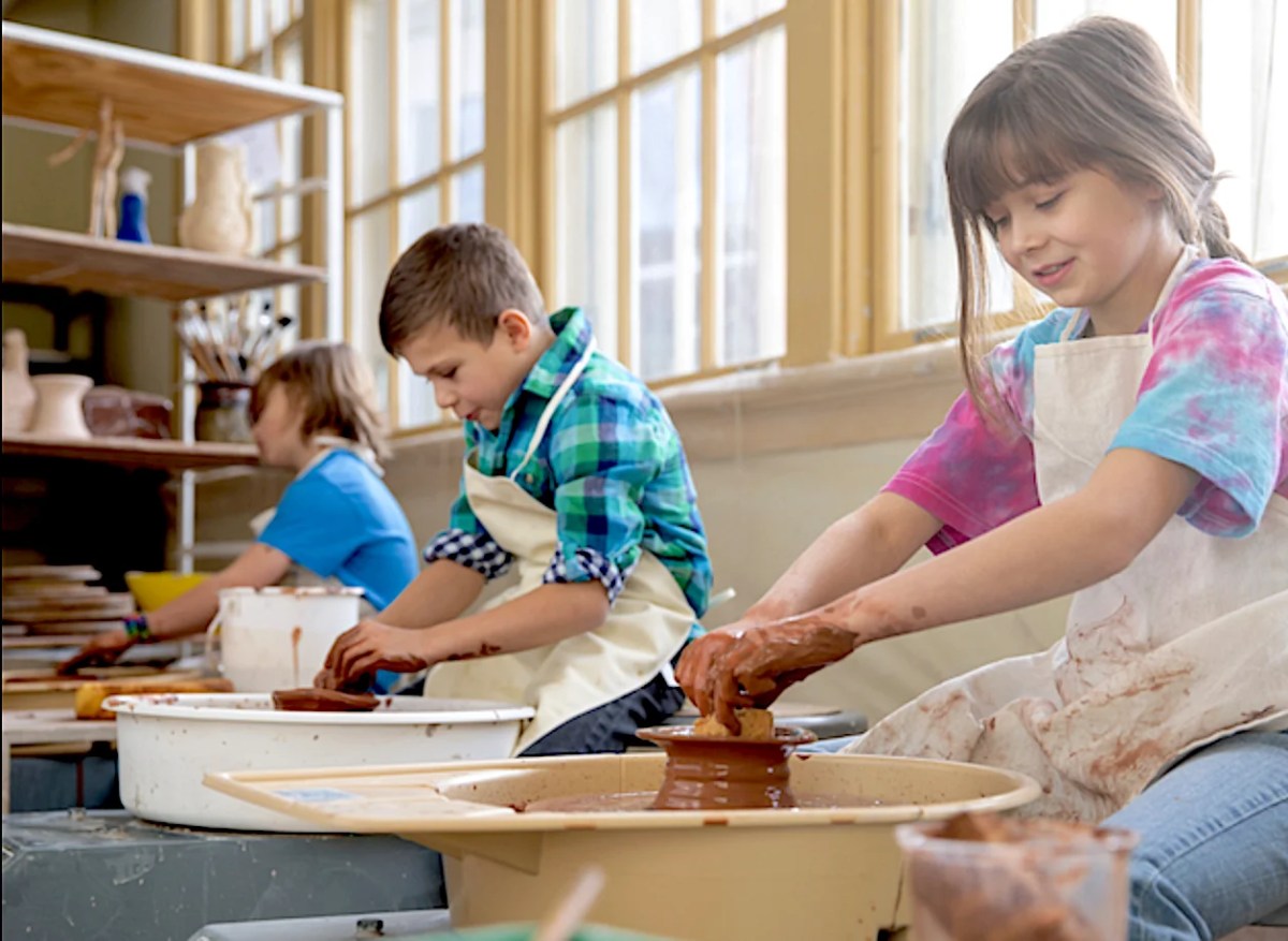 kids at potter wheel. School holiday