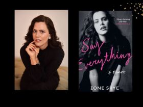Two panels. The first is of Ione Skye, who is wearing black. She has long brown hair. On the right is the same person but a younger version in a black and white photo. Also wearing black.