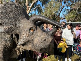 A small crowd of people are surrounding a model of a triceratop.